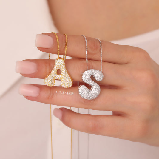 14k Gold Pave Bubble Letter Necklace, Diamond Bubble Letter Pendant, Gold Balloon Initial Necklace