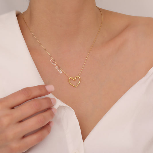 Open Heart Sterling Silver Necklace, Women Heart Pendant, Floating Gold Heart Necklace, Heart Jewelry