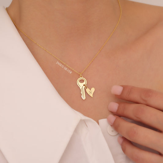 Custom Key Heart Letter Necklace, Heart Jewelry, Personalized Key Initial Necklace