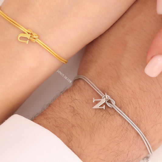 Custom Initial Knot Couple Bracelet, Matching Letter Bracelet, Love Knot Bracelet