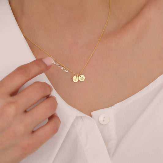 14K Gold Custom Disc Letter Necklace, Personalized Tiny Sterling Silver Charm Pendant