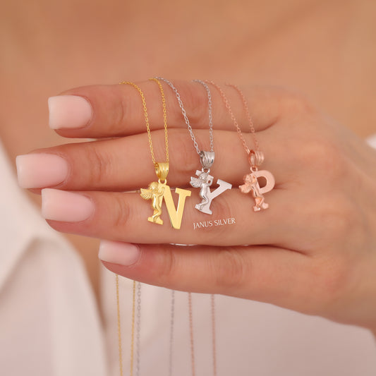 14k Gold Initial Angel Necklace, Minimalist Letter Necklace for Women, Personalized Gifts