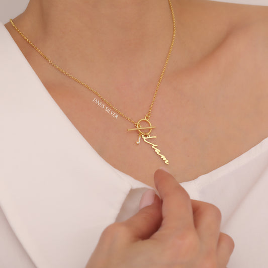 14k Gold Toggle Clasp Name and Letter Necklace, Personalized Jewelry