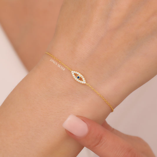 14k Gold Diamond Evil Eye Bracelet for Women, Evil Eye Jewelry, Protection Bracelet
