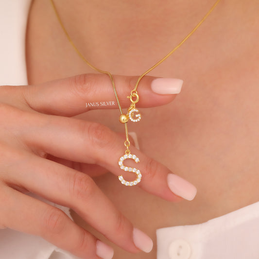 Custom Pave Letter Couple Necklace, Clasp Closure Two Initial Necklace