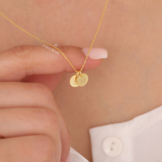 14K Gold Custom Disc Letter Necklace, Personalized Tiny Sterling Silver Charm Pendant
