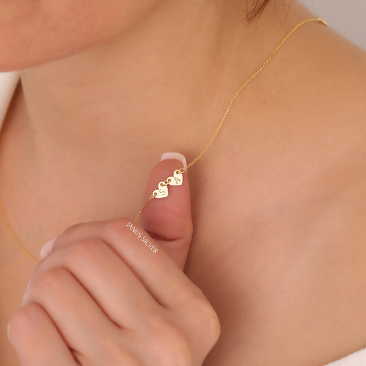 14K Gold Two Initial Engraved Heart Sideways Necklace, Multiple Letter Necklace