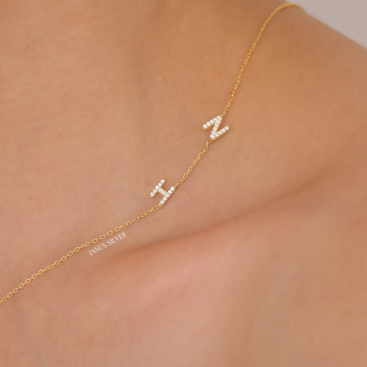 Two Initial Necklace, Personalized Sideways Letter Necklace, Custom Necklace, Couple Necklace