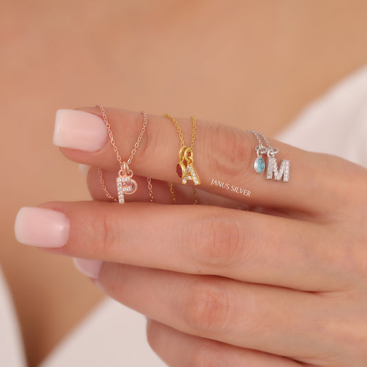 Dainty Initial Birthstone Necklace, Multiple Letter Necklace, Birthstone Pendant