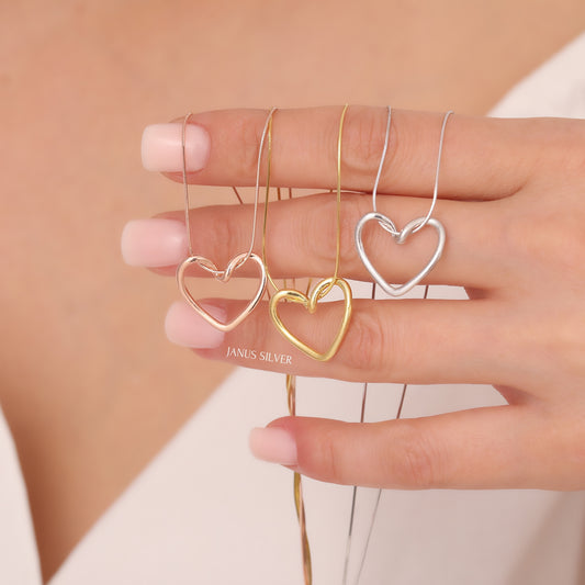 Open Heart Sterling Silver Necklace, Women Heart Pendant, Floating Gold Heart Necklace, Heart Jewelry