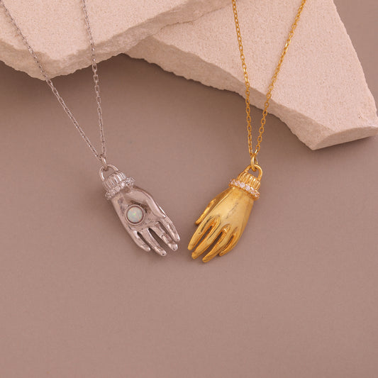 Gold Hand Pendant Necklace with Opal Stone, Opal October Birthstone Necklace