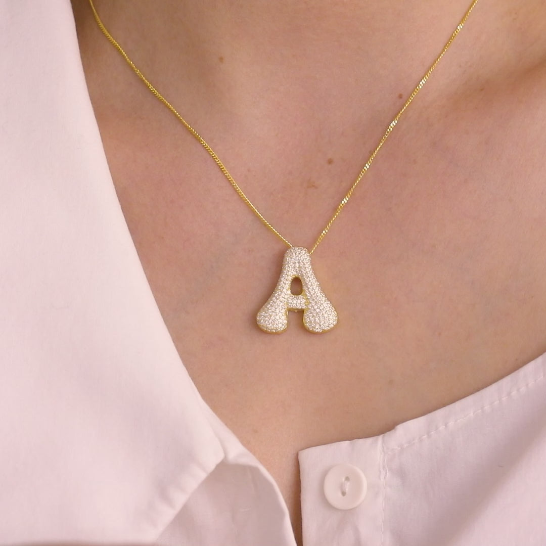 14k Gold Pave Bubble Letter Necklace, Diamond Bubble Letter Pendant, Gold Balloon Initial Necklace