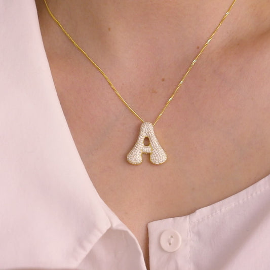 14k Gold Pave Bubble Letter Necklace, Diamond Bubble Letter Pendant, Gold Balloon Initial Necklace