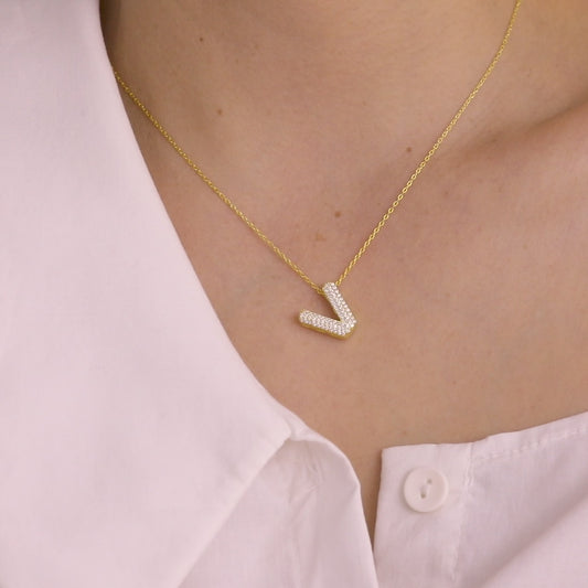 Custom Bubble Letter Necklace, Balloon Bubble Initial Necklace with Zircon Stone, Letter Necklace