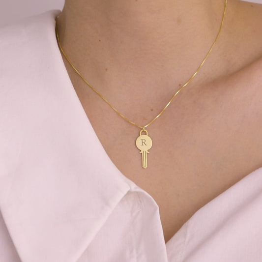 Custom Key Letter Necklace, Gothic Key Necklace, Personalized Key Initial Necklace