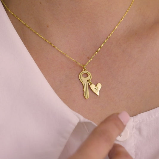 Custom Key Heart Letter Necklace, Heart Jewelry, Personalized Key Initial Necklace