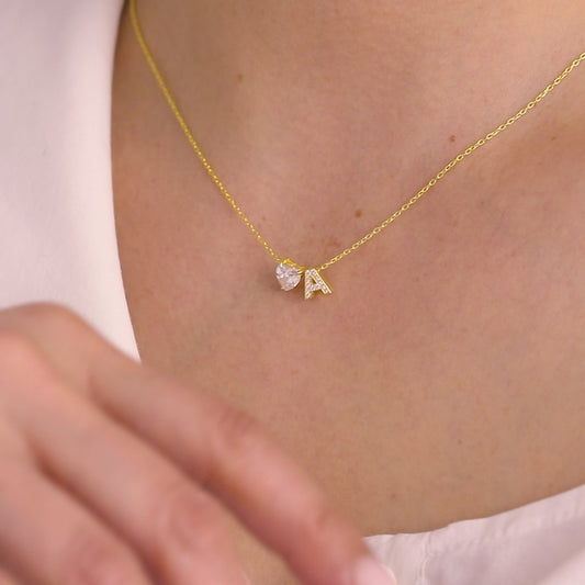 Diamond Initial and Heart Necklace, Letter Necklace, Personalized Jewelry