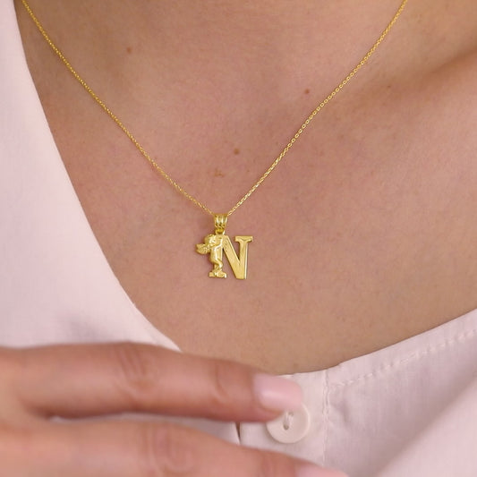 14k Gold Initial Angel Necklace, Minimalist Letter Necklace for Women, Personalized Gifts