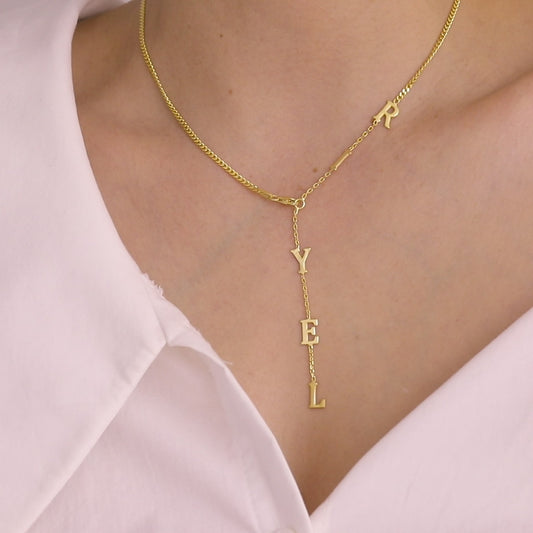 14k Gold Lariat Necklace, Dainty Drop Name Necklace, Long Y Necklace
